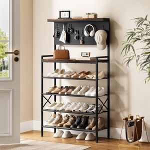 Zapatero alto con panel perforado, 7 ganchos, estilo industrial resistente, caja de almacenamiento para la entrada, para organizar - Product Image 2