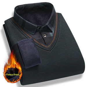 Herbst Winter Großhandel Warm Fleece Verdickt Herren Pullover Shirts Tops Falsch 2 Stück Herren Revers Casual Langarm Strick hemd - Product Image 3