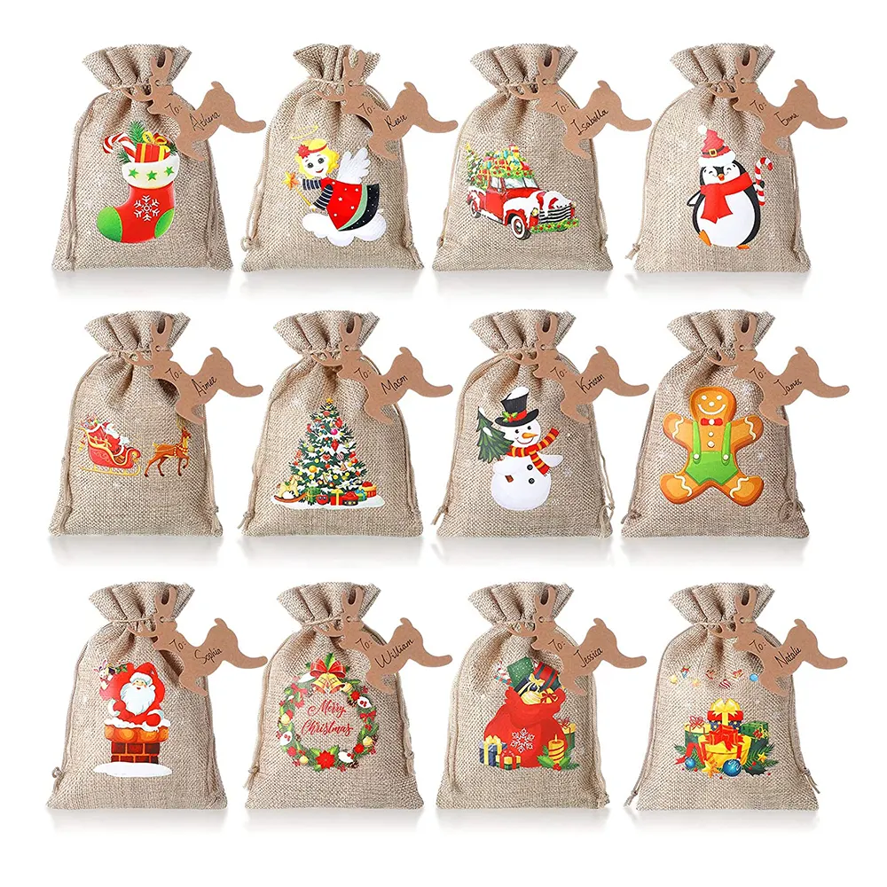 Christmas linen gift bag holiday New Year party supplies gift bag christmas canvas drawstring bag