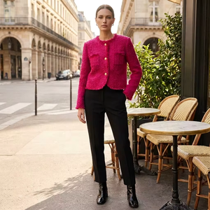 Lussuoso Giaccone in Tweed Magenta Effetto Shaggy da Donna, Blazer Pesante in Bouclé <span class=keywords><strong>Fucsia</strong></span> Stile Francese con Bottoni Dorati, Chic Parigino - Product Image 1