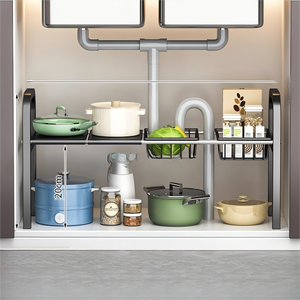 Moderno Estante de Almacenamiento de Cocina de Doble Nivel de Acero al Carbono con Base y Cesta, Organizador Multifunción para Utensilios de Limpieza - Product Image 2