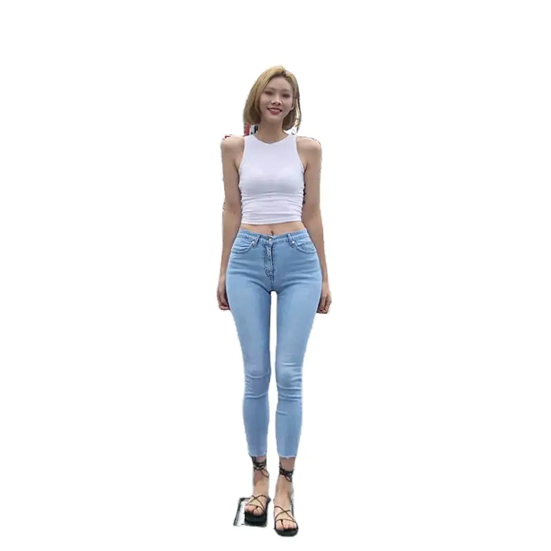 Pantalons pour femmes de style coréen Pantalons élastiques en denim à taille haute Jeans ajustés Jeans skinny pour femmes