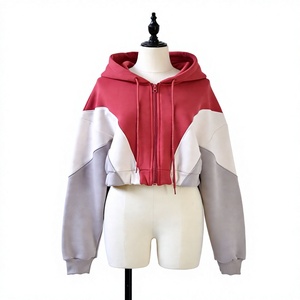 Women's <b>Cropped</b> Color Block <b>Zip</b> <b>Up</b> Hoodie Oversized Long Sleeve Fleece Hooded Sweatshirt Casual Streetwear Jacket - Product Image 1