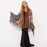 Selendang Cetak Paisley Vintage Wanita Kerah Bulu Imitasi Hangat Musim Dingin Boho Cape Ponco Rumbai Multi-Warna Custom OEM ODM Grosir
