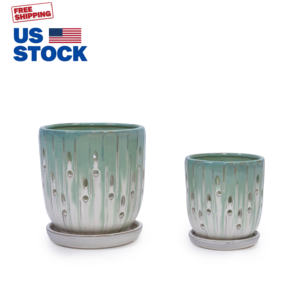 Juego de Macetas de Cerámica MDJ, Redondas, Verdes y Blancas, Estilo Americano Moderno, Macetas para Interiores y Exteriores con Orificio de Drenaje, para Uso en el Hogar y el Jardín - Product Image 3