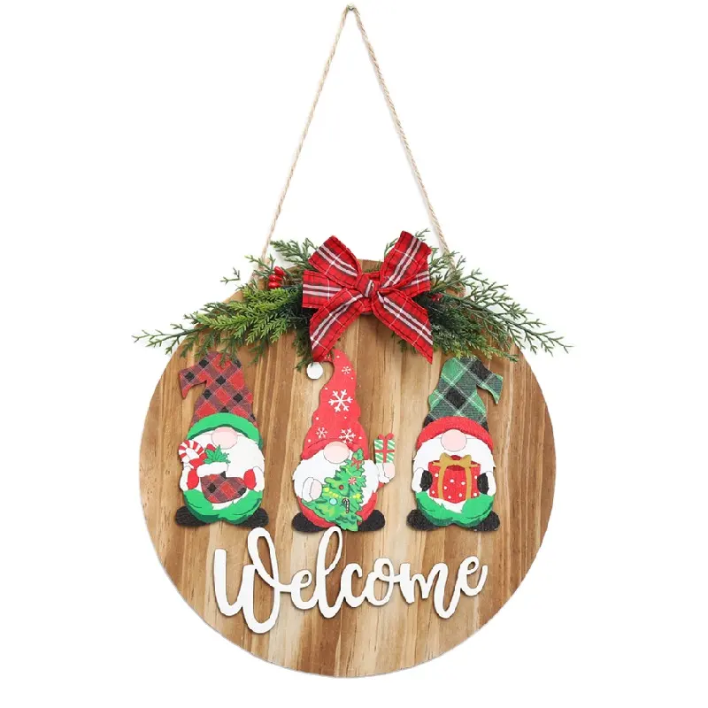 DIY Christmas Round Wooden Gnome Welcome Sign Hangings For Xmas Tree Decoration