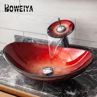 良いグローバル商品赤い色ユニークな洗面台容器ボウルバスルームシンクガラスデザイナー洗面器ホテル用