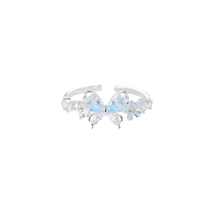 KAVNAR Adjustable Blue Zircon Butterfly <strong>Ring</strong> for Women, <strong>Thick</strong> Silver Plated Copper, Luxury Design - Product Image 3