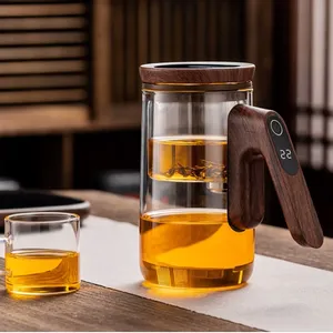 Bule de chá de vidro borossilicato com cabo de madeira de acácia, pote de chá com capacidade de 550ml, fábrica de 39 anos