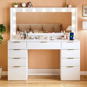Table de maquillage en bois de <span class=keywords><strong>studio</strong></span> professionnel pour salon de beauté, table de maquillage d'angle avec miroir intelligent - Product Image 1
