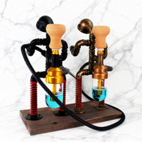 Chicha Rechargeable avec Base en Bois Lumineuse LED, Design Astronaute Steampunk, Tuyau en Verre et Métal