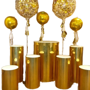 Juego de 5 cilindros acrílicos de pedestal redondo dorado moderno Iangel para bodas y exposiciones con pegatina de logotipo de forma cuadrada - Product Image 1