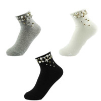 Nouvelles chaussettes mi-mollet coréennes et japonaises respirantes en coton doux à volants pour femmes et filles, couleur bonbon, mode quotidienne avec perles