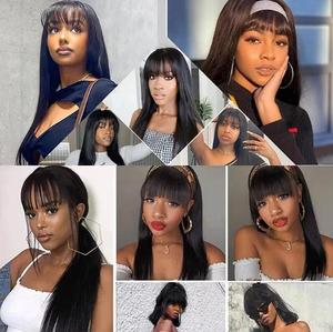 100% Human Hair Long Length Silky <b>Wig</b> Human Hair Double Drawn Ready to Wear Bone Straight <b>Wig</b> With Fringe Bangs for Black Women - Product Image 6
