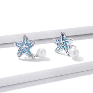 Boucles d'oreilles en argent Sterling 925, bijoux de fiançailles, motif étoile de mer bleu avec perles, 2020