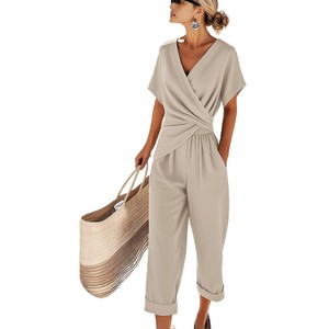 Combinaison pour femme, couleur unie, col en V, manches courtes, pantalon court, tenue décontractée d'été, bleu, beige, kaki, SM, XL, XXL, XXXL, 4XL - Product Image 5