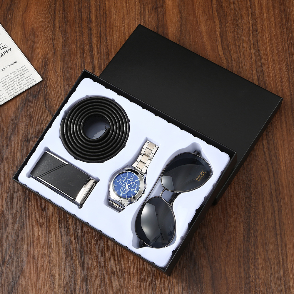 [M2949#Black] 4pc Set: Steel Watch, Sunglasses, Belt & Buckle