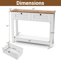 Table console d'entrée de style rustique blanc de luxe en bois avec 2 tiroirs, étagère ouverte, anti-bascule