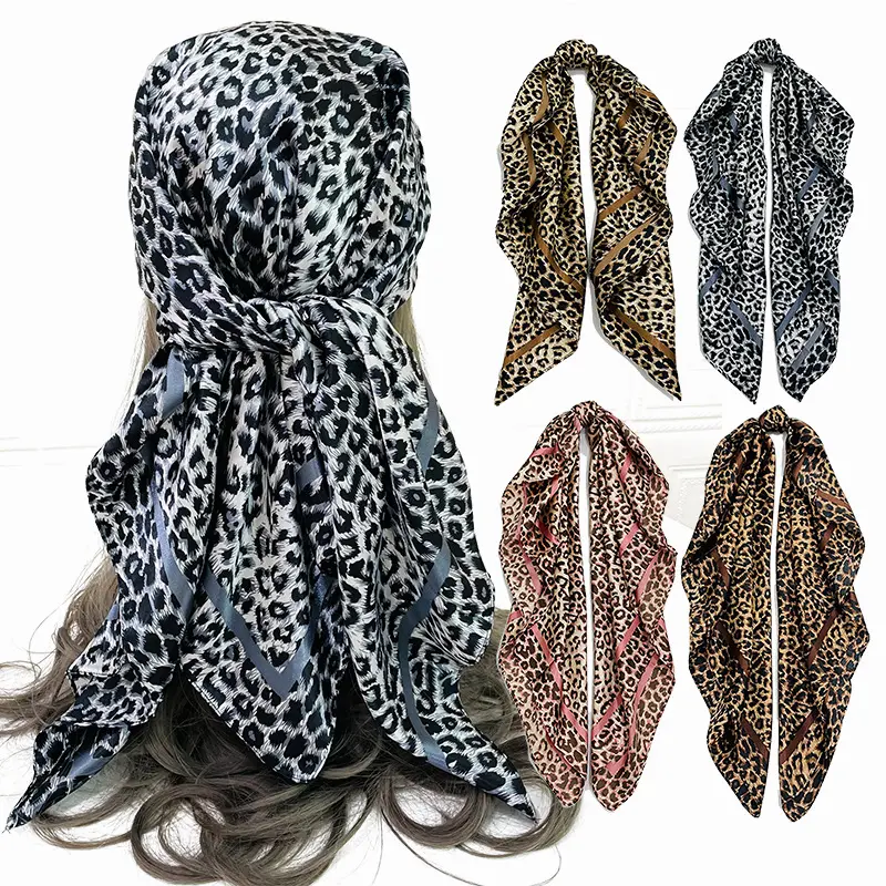 Sciarpa di seta moda Foulard leopardo di raso stampato scialle grandi dimensioni 90*90cm Bandana capelli quadrati sciarpe per la testa per le donne