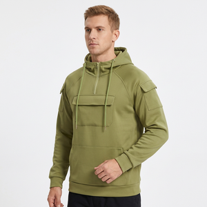 Sweat-shirt à capuche mi-zippé vert olive pour homme, en molleton, vêtement de travail, avec poche avant, cordon de serrage réglable, 100% coton, 380g - Product Image 2