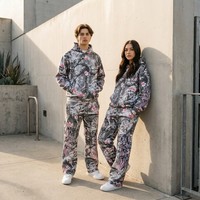 Ensemble sweat à capuche et pantalon de survêtement oversize en polaire respirant 400 g/m² avec imprimé floral gothique démoniaque, personnalisable OEM, streetwear, échantillon en 7 jours, MOQ