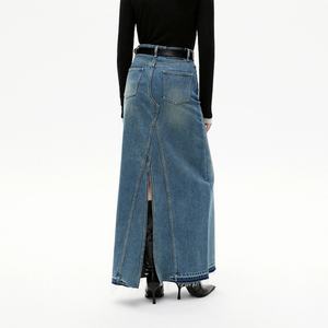 Jupe en jean personnalisée 100% coton, haute qualité, bleu vintage, denim délavé, taille haute, jupes maxi pour femmes - Product Image 5