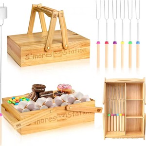 Wooden S'mores Station <b>Box</b> With Compartmentalized <b>Storage</b> And Six Skewers For <b>Camping</b> Outdoor Use - Product Image 1