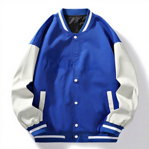 Blouson Bomber Varsity Bleu Uni pour Homme, Col Montant, Longueur Standard, Respirant, Coupe-Vent, Vêtement d'extérieur Décontracté d'Hiver, Poche Avant - Product Image 1