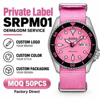 Montre automatique avec cadran rose, mécanique, en acier inoxydable, montre de plongée mécanique, étanche, avec lunette rotative, unisexe
