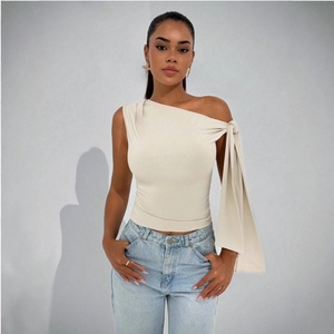 Camisa de Mujer de Verano, Nueva Moda Urbana, Estilo Casual, Ajustada, Sin Tirantes, con Cordones, de Color Sólido - Product Image 1