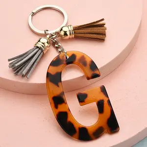 acrylic Leopard Print pattern 26 letters letter G keychain with tassel