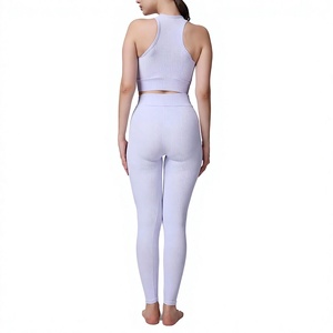 Ensemble de yoga sans couture 2 pièces : Crop top et leggings taille haute pour femme, tenue de sport couleur unie, dos nageur sans manches, longueur intégrale - Product Image 2