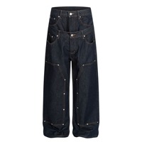 Pantalon droit rétro américain à double ceinture, pantalon en jean large de niche avec boutons et rivets
