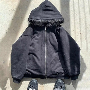 Fabricant de vestes réversibles en fourrure à double couche en polaire épaisse et lourde sur mesure, fermeture éclair, épaules tombantes, hiver, hommes, sweat à capuche en fourrure vierge - Product Image 3