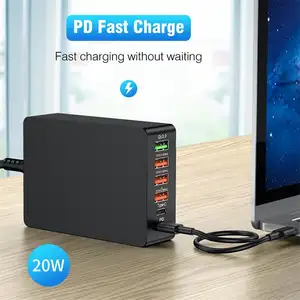 XXD New Design Multifunction QC3.0 65W Type-C Fast Charge Online Hot Sale 6ports PD 20W Fast Charger