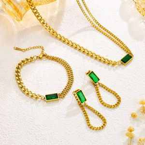 PVD Gold Plated Stainless Steel Bold Geometric Jewelry Set with Green Rectangle Stone and Double Cuban <b>Chain</b>|Retro Statemete - Product Image 6