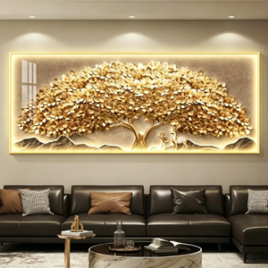 Peinture murale LED abstraite en forme d'arbre doré, style nature morte, vente en gros, décoration intérieure pratique, peinture en porcelaine de cristal LED avec télécommande - Product Image 1