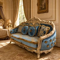Canapé de luxe bleu argenté sculpté à la française, sur mesure en bois massif pour villa, mobilier de salon, fourniture directe d'usine