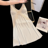 Summer Factory Ladies' Lace Pajamas Ice Silk Ribbed V Neck Sexy Breathable Elegant Nightdress Cozy Camisole Removable Chest Pads