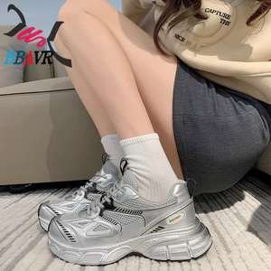 Zapatos de Mujer con Suela Gruesa y Punta Plateada, Modelo Torre, Otoño, Nuevos, Combinables con Todo, Transpirables, Casuales, Ligeros, Parte Superior de Cuero Sintético, Cierre con Cordones - Product Image 1