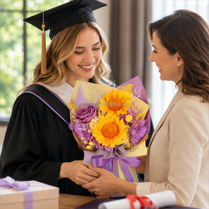 Arrangement floral violet, idées <span class=keywords><strong>de</strong></span> cadeaux <span class=keywords><strong>de</strong></span> remise <span class=keywords><strong>de</strong></span> diplôme, <span class=keywords><strong>bouquet</strong></span> <span class=keywords><strong>de</strong></span> roses éternelles et <span class=keywords><strong>de</strong></span> tournesols préservés pour la vente <span class=keywords><strong>en</strong></span> <span class=keywords><strong>ligne</strong></span> et au détail - Product Image 1