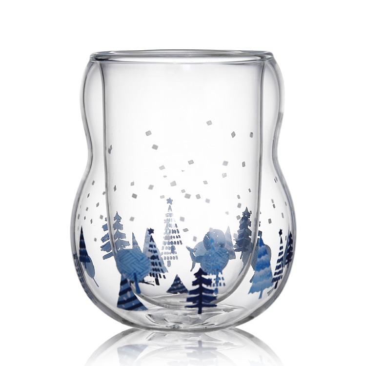 Topverkoper Goedgekeurd Hot Sale 12Oz Kerst Dubbellaags Doorzichtig Borosilicaatglas Koffiemokken Beker