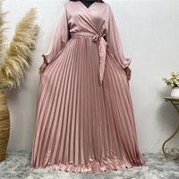 6377 #   Robe de soirée formelle musulmane élégante et chic à manches longues élastiques, col en V, plissée en satin, coupe trapèze
