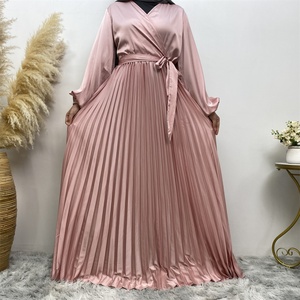 6377# Chic and Elegant Design Elastic Cuff Long Sleeves V Neck Pleated Satin Dress Match All Occasions Muslim <b>Islamic</b> Clothing - Product Image 5