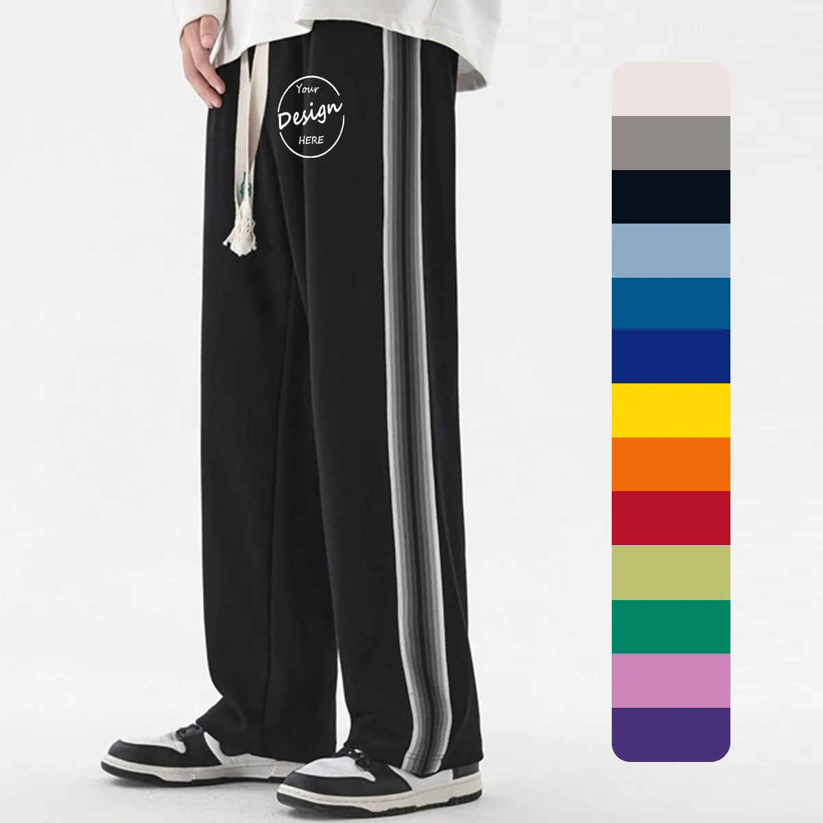 Hot Sale OEM Custom Logo Silk Screen Printing French Terry Fleece Gray Side Stripe Sweatpants Sports Wide Leg Pants Men