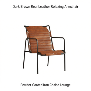 Fauteuil en cuir véritable brun foncé avec structure en fer thermolaqué, chaise longue, mobilier moderne industriel pour salon - Product Image 1