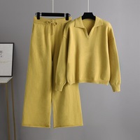 Nouvel Ensemble Élégant d'Automne et d'Hiver en Maille Ample avec Pull Col Polo et Pantalon Large pour Femme – Vente en Gros