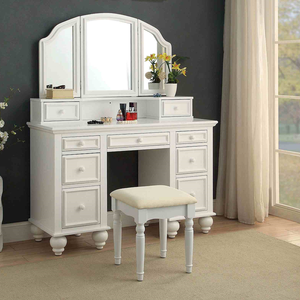 <b>Modern</b> Solid Oak Wood Vanity Set with Stool Storage Drawers 3-Sided Mirror-White Finish for Bedroom - Product Image 1