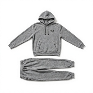 Ensemble de survêtement unisexe gris en polaire respirant avec capuche et pantalon de jogging, coupe décontractée, cordon de serrage, poches, tenue d'hiver - Product Image 1