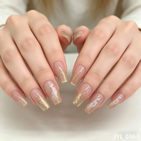 Faux ongles à presser personnalisés OEM, rose nude, or pailleté, 24 pièces, carrés, French manucure, PMMA, réutilisables, pour salon